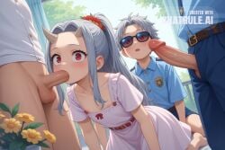 1girl ai_assisted ai_generated belt big_tits blowjob cock_out cowboy_shot daylight dutch_angle excited_face flowers garden grey_hair horns hospital hospital_gown huge_tits indoors jiggling_tits long_hair looking_at_viewer my_hero_academia on_knees penis ponytail red_eyes sex short_sleeves single_horn source_anime spring sundress sunglasses