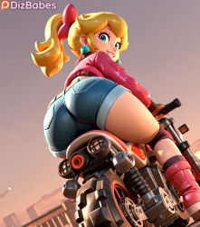1girl 1girls ai_generated ass ass_focus blonde_hair blue_eyes boots dizbabes dutch_angle earrings female female_only from_below grin hair_bow human human_only jacket jean_shorts legs_apart light-skinned_female light_skin looking_at_viewer looking_back mammal mario_(series) mario_kart mario_kart_world mature mature_female motorcycle nintendo outdoors ponytail princess princess_peach princess_peach_(touring) royalty short_shorts shorts smile smiling_at_viewer solo solo_female solo_focus stable_diffusion thick_lips thick_thighs thighs video_game_character video_games