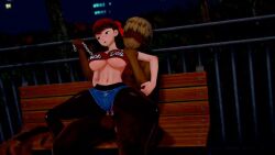 1boy 3d animated atlus bench chains clothed_sex cum cum_inside female kasumi_yoshizawa koikatsu night night_sky outdoors persona_5 persona_5_royal ponytail red_eyes red_hair riding sumire_yoshizawa tagme trees video yurabe