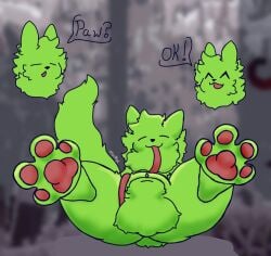 anthro balls feet fluffy_balls foot_focus fur genitals green_body green_fur long_tongue male medium_balls neck_tuft pawpads paws rain_world saint_(rain_world) slugcat solo spread_legs spread_toes spreading tluckyl toes tongue tongue_out tuft videocult