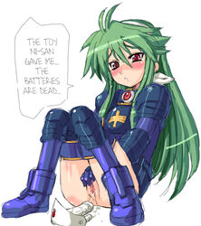 armor clothed_masturbation clothing denkishowgun dildo fingering greaves green_hair hard_translated masturbation polaris_(shinrabanshou) pussy pussy_juice red_eyes shinrabanshou stockings thighhighs translated uncensored vibrator