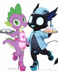 spike_(mlp) my_little_pony friendship_is_magic deadlock rem_(deadlock) penis 2boys crossover ai_generated ai_assisted tray apron naked_apron small_penis high_heels crossdressing platform_heels cupcake teacup holding_hands blush dragon gryphon sleepwear nightcap headwear headgear robe