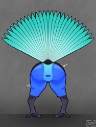 3:4 ambiguous_gender animal_genitalia anthro avian bent_over blue_body blue_feather_hair blue_feathers cloaca feathers feet genitals grey_wall hi_res hole_in_wall krakotl_(the_nature_of_predators) nicolas_3232 nohklu pink_cloaca solo talons the_nature_of_predators toes