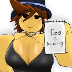 1girls artist_request blush breasts brown_hair cleavage clothing dress female female_only hat jujutsu_shenanigans large_breasts mob_face necklace notepad roblox roblox_avatar roblox_game robloxian short_hair solo source_request tagme text tze_(roblox) yellow_skin