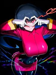 artist:mirachumakes colored solo_focus female digital_art color 2d_artwork 2d_(artwork) 2d solo 1girl big_breasts huge_breasts large_breasts dark_background narrow_waist wide_hips thick_thighs shadow vignetting visible_breath sagging_breasts sweat sweating shiny_skin oily_skin eyelashes thick_eyelashes hourglass_figure curvy_body curvaceous_figure curvaceous_female voluptuous_female dynamic_lighting ring_light_reflection refraction clothing skimpy_clothes revealing_outfit revealing_clothes seductive seductive_eyes wet_clothes sabrina_(pokemon) pokemon nintendo pokemon_rgby pokemon_frlg sabrina_(pokemon_frlg) heart_hands heart_shaped_pupil eye_trail selfie