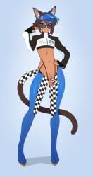 1boy black_gloves blue_background blue_eyes blue_hat brown_hair cat_boy checkered_clothes commission condom condom_on_penis crop_top dark-skinned_femboy dark-skinned_male dark-skinned_sissy dark-skinned_twink dark_skin erection femboy fingerless_gloves full_body gloves hair_between_eyes hand_in_own_hair hat highres jacket legs long_sleeves male_focus matemi navel open_mouth original oskar_(coffee.png) penis race_queen racing_suit shadow short_hair simple_background solo solo_male stomach sunglasses teeth testicles thighhighs thighs tongue visor_cap