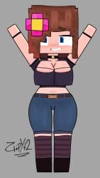 minecraft jenny_belle_(slipperyt) jenny_belle jenny_mod drawing 2d 2d_(artwork) chibi chibi_style square_breasts big_breasts flower_in_hair blue_eyes short_hair brown_hair zlipyt2