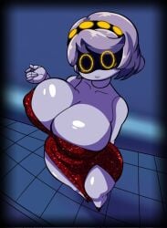 1girls big_boobs big_breasts boobs dance_floor dress female female_focus female_only grey_hair murder_drones prom_dress red_dress smile solo solo_female solo_focus tannicfer v_(murder_drones) yellow_eyes