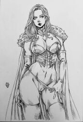 black_and_white breasts cameltoe curvy emma_frost female hellfire_club hourglass_figure large_breasts marvel marvel_comics milf pulling_panties pulling_panties_down white_queen wide_hips x-men