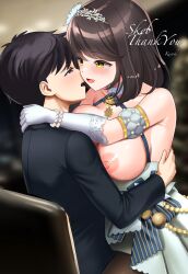 shirohisame idoly_pride saeki_haruko 1girl breasts nipples large_breasts medium_hair straight_hair black_hair blush nude naked naked_female highres 1boy 1boy1girl sex insertion vaginal vaginal_sex vaginal_insertion vaginal_penetration implied_sex clothed clothed_sex dress hair_ornament hairband open_clothes breasts_out hugging lotus_position hugging_another detached_sleeves detached_collar gloves bracelet bead_bracelet thick_thighs sitting sitting_on_chair on_chair chair