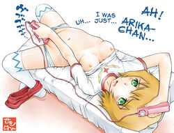 blonde_hair blue_panties blush breasts buruma buruma_pull erstin_ho green_eyes hard_translated lace-trimmed_panties lying masturbation my-otome navel on_back panties panty_pull sekihan shirt_lift short_hair tears thighhighs translated uncensored underwear vibrator white_legwear