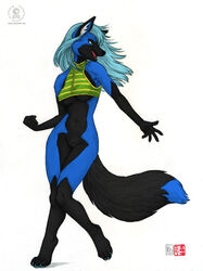 2013 4_toes anthro blue_fur bottomless breasts canine claws clothed clothes digitigrade female fox fur furry hair half-dressed hindpaw kacey open_mouth paws plain_background pussy recolor shirt silver_fox sketch skimpy solo standing toes underboob white_background