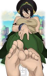 1boy 1girls 2d 2d_(artwork) avatar_the_last_airbender barefeet black_hair black_hair_female blind blind_female clothed_female clothed_male crossover extreme_size_difference feet_focus foot_fetish foot_focus giant_female giant_woman giantess inchhighjedi light-skinned_female light_skin marvel nickelodeon nicktoons size_difference smug smug_face smug_grin spider-man toes toph_bei_fong