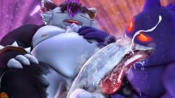 16:9 2024 3d_(artwork) 4k absurd_res anthro anthro_only balls big_penis black_body black_fur bodily_fluids chest_tuft claws countershade_fur countershading cum digital_media_(artwork) duo english_text erection eyes_closed fur generation_1_pokemon gengar genital_fluids genitals hi_res huge_penis licking looking_pleasured male male/male moonwulf musk musk_cloud navel nintendo nipples open_mouth oral orgasm ozul_(moonwulf) penile penis penis_lick pink_nipples pokemon pokemon_(species) pupils purple_body purple_fur purple_nipples red_eyes sex smile snorlax teeth text tongue tongue_out tuft white_body white_claws white_fur widescreen