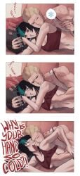1boy 1boy1girl 1girls absurd_res arrkana_k artist_name black_hair blonde_hair blush breast_grab breasts canon_couple chin_piercing cleavage closed_eyes color comic couch dialogue dyed_hair english_text eyebrows_visible_through_hair green_highlights groping groping_breasts groping_from_behind hakari_kinji half-closed_eyes hand_under_clothes heart hoshi_kirara humor jujutsu_kaisen lighting long_hair looking_at_partner looking_at_phone lying lying_on_couch lying_on_side mischievous_smile moustache muscular muscular_male navel_piercing no_bra purple_eyes romantic romantic_couple smile speech_bubble star_pupils straight surprised tank_top trans_woman transfem tubetop underboob watermark wholesome