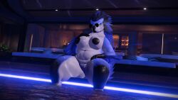 anthro female solo chubby_female big_breasts breasts pussy black_nipples poolside seikret vrchat looking_at_viewer sunglasses thick_thighs