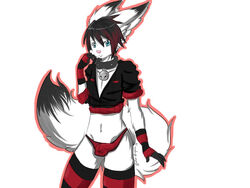 1boy black_hair bulge cheon collar crossdressing furry girly gloves male male_only red_hair solo stockings tail thigh_highs thong underwear white_background