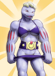 belt bikini blue_skin breasts female female_machoke machoke muscular_female panty_pull pokemon pokemon_(species) red_eyes solo