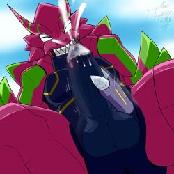 1:1 absurd_res anthro armalizamon balls bandai_namco blush bodily_fluids cum digimon digimon_(species) digimon_beatbreak duo embarrassed erection foreskin genital_fluids genitals grey_eyes handjob heibanhikaru hi_res low-angle_view male male/male monodramon orgasm penile penis pink_body scalie sex sharp_teeth teeth worm's-eye_view