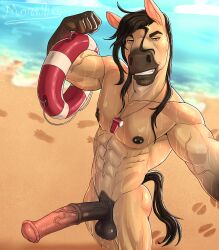 absurd_res animal_genitalia animal_penis anthony_squire anthro beach black_mane equid equine equine_genitalia equine_penis erection flexing flexing_bicep fur genitals hi_res holding_object horse juan_mare lifeguard male mammal mane muscular muscular_anthro muscular_male nipple_piercing nipples nude_anthro penis piercing pinto_horse solo wet yellow_body yellow_fur