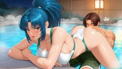 ai_generated ass_licking cunnilingus female king_of_fighters kof kyo_kusanagi leona_heidern male onsen onsen_sex oral_sex pussy_licking the_king_of_fighters