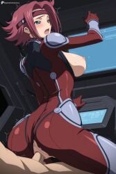 digitalwaifugallery ai_generated patreon seductive sexy uncensored watermark hi_res high_quality high_resolution kallen_stadtfeld code_geass 1girl breasts ass bodysuit large_breasts blue_eyes looking_back 1boy red_hair torn_clothes short_hair blush solo_focus hetero nipples sex vaginal penis open_mouth