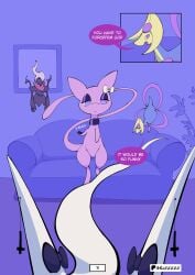 absurd_res anthro anthro_only arceus bow_ribbon casual_nudity clicker clicker_training collar comic cresselia darkrai dialogue ear_piercing ear_ring eyeliner furniture generation_1_pokemon generation_4_pokemon genitals hi_res inside legendary_pokemon makeup mew_(pokemon) muzzzzz mythical_pokemon nintendo piercing pokemon pokemon_(species) ring_piercing sofa vulva
