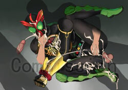 1boy anal anal_penetration anal_sex armor armored_male belt bodysuit bodysuit_bulge bondage bound bound_wrists bukkake commission cum cum_in_ass cum_inside cum_on_body cum_on_face cum_on_hand cum_on_hands cum_on_legs cum_spurt cum_through_bodysuit cum_through_clothes disembodied_hand disembodied_hands disembodied_penis eiji_hino emblem erection erection_under_bodysuit gay gay_anal gay_domination gay_sex grasshopper green_armor green_eyes hand_on_chin handjob handjob_over_clothes handjob_through_clothing hawk helmet holding_chin holding_head kamen_rider kamen_rider_ooo kamen_rider_ooo_(series) legs_apart legs_spread lying lying_on_ground lying_on_side male male/male male_focus male_only mask masked masked_male on_ground on_side on_side_handjob orgasm orgasm_from_handjob penis penis_in_ass red_armor restrained_arms sfdofd shadow tiger variant variant_set watermark wrists_bound wrists_tied yaoi yellow_armor