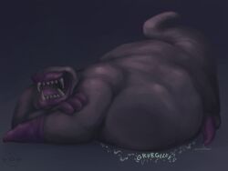 abdominal_bulge ambiguous_gender analog_vorer annelid balls belly big_belly bodily_fluids clay_creature clothing eyeless garten_of_banban genital_fluids genitals gloves grey_body handwear hi_res invertebrate leech lipstick makeup male male/ambiguous onomatopoeia oral_vore overweight overweight_male penis precum purple_clothing purple_gloves purple_handwear purple_lipstick purple_penis purple_tongue rumbling_stomach sharp_teeth sir_dadadoo solo sound_effects taur teeth text tongue vore