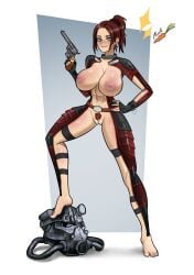 blue_eyes boobs boobs_out brown_hair chiotosaurio hairy_pussy helmet nipples original original_character revolver solo_female