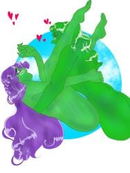 ambiguous_penetration demeter demeter_(lore_olympus) green_body green_hair green_skin hearts in_between_legs lore_olympus lure_of_selly nude nude_female nude_male nudity poseidon poseidon_(lore_olympus) purple_hair