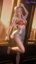 1girl 3d 3d_(artwork) alpine_lexa_(fortnite) blender boobs feet female fortnite leg_up lexa_(fortnite) lexyst0rm lingerie long_hair looking_at_viewer nails_painted red_eyes red_lingerie skirt sunset thighs tits white_hair