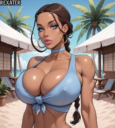 1girl ai_generated avatar_legends avatar_the_last_airbender beach big_boobs big_breasts bikini bimbo blue_bikini blue_choker blue_eyes braid braided_ponytail breasts brown_hair choker cleavage collarbone covered_nipples dark-skinned_female dark_skin day earrings front-tie_top hoop_earrings huge_breasts jewelry katara lips long_hair looking_at_viewer multiple_girls outdoors palm_tree rexater shiny_skin shirt single_braid solo solo_focus swimsuit the_legend_of_aang thick_lips upper_body