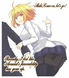 masatoshi_ikeda_(uug28aiuopy2six) tsukihime tsukihime_(remake) arcueid_brunestud tohno_shiki commentary_request highres 1boy 1girl :d antenna_hair ass black_panties black_pantyhose blonde_hair blue_skirt breasts buttons floating_clothes floating_hair from_below gakuran garter_belt grabbing_another's_arm hair_intakes large_breasts looking_back panties pantyhose plaid_clothes plaid_skirt pointing pointing_forward red_eyes school_uniform shirt short_hair sideboob skirt smile souya_high_school_uniform sweater teeth thick_thighs thighhighs thighhighs_over_pantyhose thighs turtleneck turtleneck_sweater underwear upper_teeth_only white_shirt white_sweater