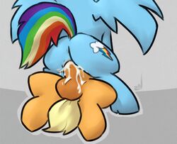 applejack_(mlp) cum cutie_mark equine female friendship_is_magic futanari horse intersex my_little_pony ponchuzn pony pussy rainbow_dash_(mlp) smooth_skin