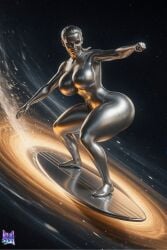 1girls 3d 3d_render ai_assisted alien alien_girl barely_contained big_ass big_boobs busty curvy detailed_background fantastic_four fantastic_four:_first_steps female high_quality hourglass_figure huge_breasts lewdstein looking_at_viewer marvel marvel_comics metallic_body shalla-bal shiny_skin silver_hair silver_skin silver_surfer silver_surfer_(shalla-bal) skintight smirk solo space surfboard surfing thick_thighs thin_waist tight_clothing voluptuous wide_hips