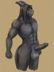 abs balls biceps big_balls black_hair black_skin dragon erection furry hair horn jek keeltheequine male male_only muscles no_humans nude pecs penis pose precum sheath simple_background solo vein