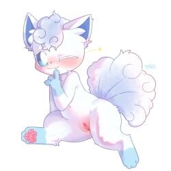 1:1 alolan_form alolan_vulpix anthro anthro_only blue_markings blue_nose blush blush_lines bodily_fluids clitoral_hood clitoris digitigrade eyelashes female generation_7_pokemon genital_fluids genitals hair hi_res markings nintendo nude one_eye_closed pawpads pink_pawpads pink_paws pokemon pokemon_(species) regional_form_(pokemon) smile solo tail text ttaki tuft vaginal_fluids vulva white_body wink