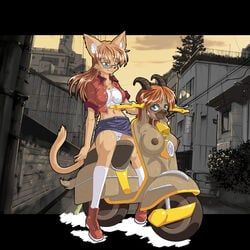 2girls animal_ears anthro areolae bell blue_eyes blush boots breasts cat_ears cat_tail cleavage cowbell curvy ears embarrassed erect_nipples female female_only female_with_female femdom femsub flashlight furry gammatelier glasses green_eyes ground_vehicle horns large_breasts living_bike long_hair motor_vehicle motorcycle multiple_girls nipples nude objectification orange_hair original panties tagme tail transformation transformation_(object) uncensored underwear vehicle what white_panties yuri