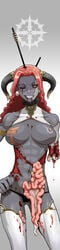 abs amputation amputee armlet arrow avulsion bare_shoulders bared_teeth black_nails black_panties black_sclera blood blood_stain breastless_clothes breasts clothing collarbone color contrapposto disembowelment dismemberment earrings entrails eyes female female_only fingernails front_view gore grey_skin grin guro hair hand_on_hip headshot highres horns injury intestines jewelry large_breasts long_hair lowleg lowleg_panties momo_tai monster_girl nail_polish necrosis nipple_piercing orange_eyes organs original panties piercing puncture red_hair scar single_nipple_ring skull smile solo standing thighhighs toned underwear what white_legwear wink wound zombie