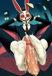 1boy black_suit cum cum_on_feet cumshot faggot foot_fetish foot_focus footjob frank_(subway_surfers) gay male male/male male_focus rabbit_mask sockjob subway_surfers white_socks yaoi