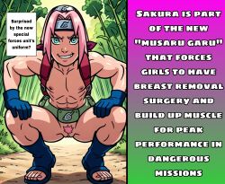 1girls abs ai_assisted ai_generated backpack belt boots breasts female female_only flat_chest muscular muscular_female naruto_(series) nipples nude_female pink_hair pubic_hair pussy sakura_haruno smirking smug solo solo_female solo_focus squatting story text text_box vagina