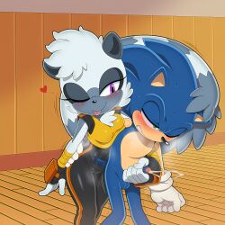 ai_generated arm_around_partner balls blep cameltoe clothed_female_nude_male cum female femdom green_eyes handjob handjob_from_behind heart hedgehog large_tail lemur male novelai penis purple_eyes simple_background sonic_(series) sonic_the_hedgehog submissive_male tail_on_head tangle_the_lemur testicles track_suit twitching wink wrist_wraps