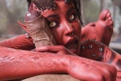 1boy 1girls 3d baldur's_gate_3 barefoot blurred_background burn_scar close-up cock_shock eyes face feet foreskin gasping horn horns karlach light-skinned_male nothzard open_mouth penis_awe penis_on_face piercing pov red-skinned_female red_skin septum_piercing tattoo tiefling tiefling_girl toes yellow_eyes