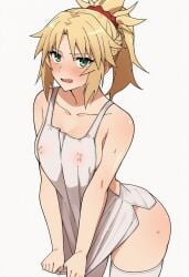 ai_generated blonde_female blonde_hair green_eyes licking_lips looking_at_viewer mordred_(fate) mordred_(fate)_(all) mordred_(fate/apocrypha) ponytail small_breasts smiling_at_viewer spread_legs spread_pussy spreading stockings stockings_only thighs thighs_high tongue uncensored uncensored_breasts uncensored_nipples uncensored_pussy uncensored_vagina wet wet_clothes