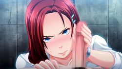 blue_eyes blush bracelet butcha-u censored erection eroquis female fingers game_cg hair_ornament hairclip handjob hands jewelry jutaijima kisaragi_rei lips looking_at_viewer lying penis red_hair short_hair sweatdrop wall