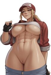 1girls abs ai ai_assisted ai_generated athletic_female baseball_cap blonde_hair breasts canon_genderswap fatal_fury female female_terry fingerless_gloves genderswap_(mtf) gloves hat king_of_fighters king_of_fighters_xiv large_breasts long_hair looking_at_viewer male multiple_boys multiple_males muscular muscular_female naked_coat navel nipples panties panty_pull pussy rule_63 simple_background snk snk_heroines:_tag_team_frenzy spiked_hair stable_diffusion star straight striped striped_panties striped_thong tagme terry_bogard thong thong_half_down thong_pull underboob underwear white_background