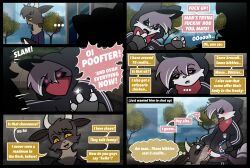 2025 2_horns absurd_res ambiguous_gender anthro biscuit_(food) black_clothing black_hoodie black_sclera black_topwear blush blush_lines bodily_fluids bread british_accent british_english_text camelid chav claws clothed clothed_anthro clothed_cuntboy clothed_sex clothing comic cunnilingus cuntboy dialogue digital_drawing_(artwork) digital_media_(artwork) domestic_cat duo english_description english_text felid feline felis female female_(lore) food hi_res homophobic_slur hoodie horn intersex laugh linked_speech_bubble llama mammal maverick_(nami955) nami955 oral outside_sex pointy_speech_bubble pussy robbery sex speech_bubble sweat sweatdrop tail text thought_bubble tongue topwear torrin_(toxis) trans_(lore) trans_man_(lore) vaginal_penetration yelling