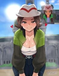 1girls absurdres artsheops belt blue_pants blue_sky blush breasts brown_eyes brown_hair cleavage closed_mouth cloud collarbone commentary day english_commentary female female_only game_freak game_screenshot_inset green_jacket harmony_(pokemon) hat heart highres jacket large_breasts leaning_forward long_sleeves looking_at_viewer lumiose_city nintendo open_clothes open_jacket outdoors pants pokemon pokemon_legends:_z-a seika_(pokemon) shirt short_hair sky smile statue striped_hat sun white_hat white_shirt