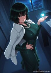 1girls 2025 2d 2d_(artwork) ai_generated anime artist_name bangs black_hair breasts busty cleavage closed_mouth clothed clothed_female coat collared_dress construct crossover curtains desk dim_lighting dress energy esper eye_contact female female_only fubuki_(one-punch_man) fur_coat green_dress green_eyes green_hair hand_on_hip heart highres huge_breasts human human_only indoors inside jacket jacket_on_shoulders jewelry large_breasts light-skinned_female light_skin lips long_sleeves looking_at_viewer moon necklace night night_sky one-punch_man patreon pearl_necklace rognezart sfw short_hair sky smile smiling smiling_at_viewer solo solo_female taut_clothes taut_dress window